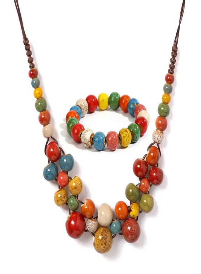 KURTCB Boho Hippie Ceramic Beaded Necklace Bracelet for Women Statement Chunky Bohemian Colorful Beads Strand Necklace Bracelet (Style 1) - Image 1